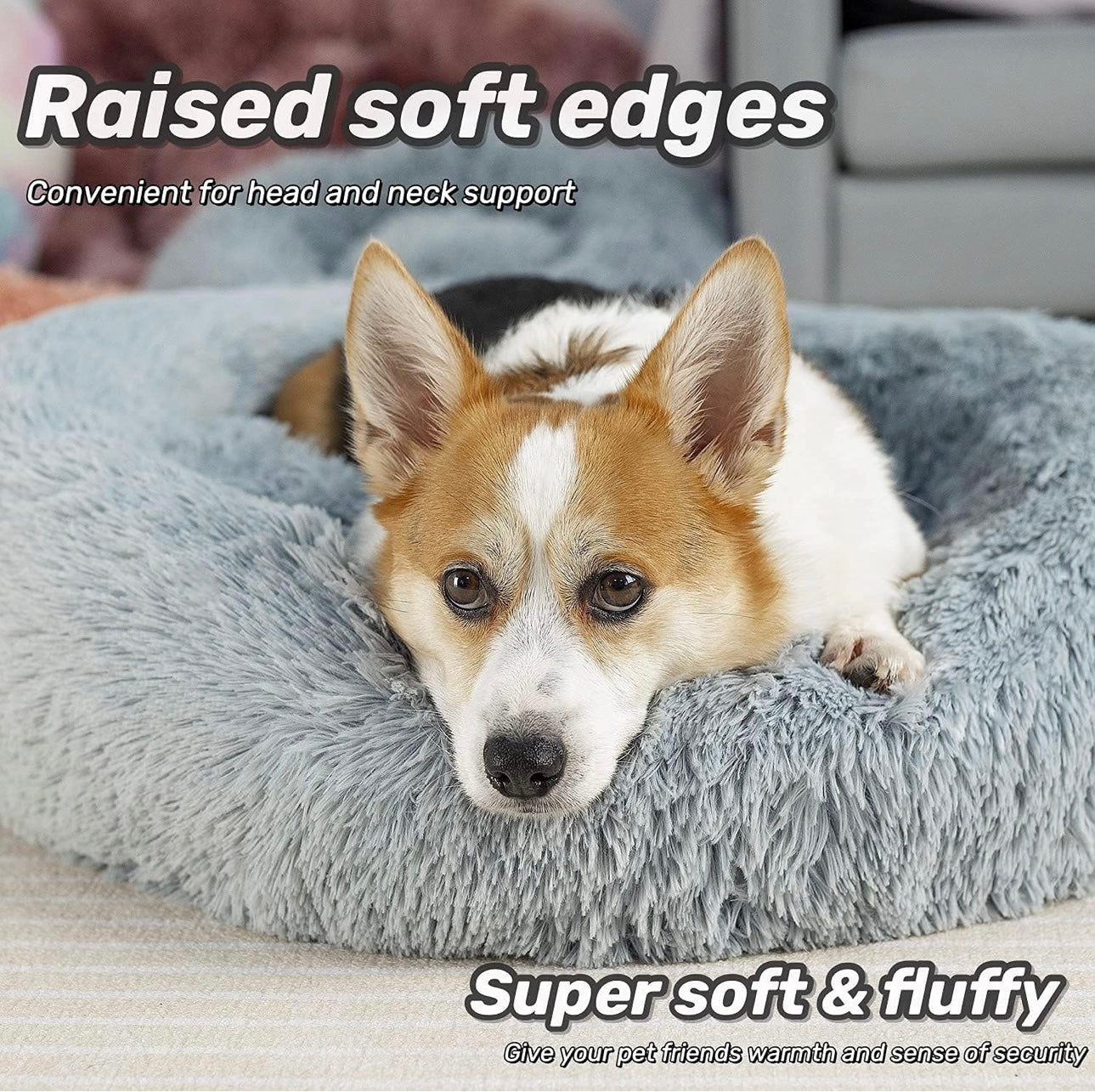 Calming Pet Bed for Small Medium Dog Cat, Round Donut Dog Bed Washable, Fluffy Faux Fur Plush Cuddler Pet Kitten Cushion Bed, Anti-Slip, Fits up to 45 lbs, 30 inch, Light Gray